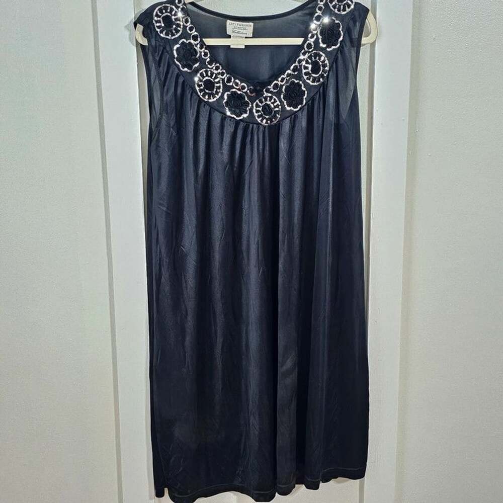 Vintage Lati Fashion Black Satin Nightgown Sequin Rosette Boudoir Dress M